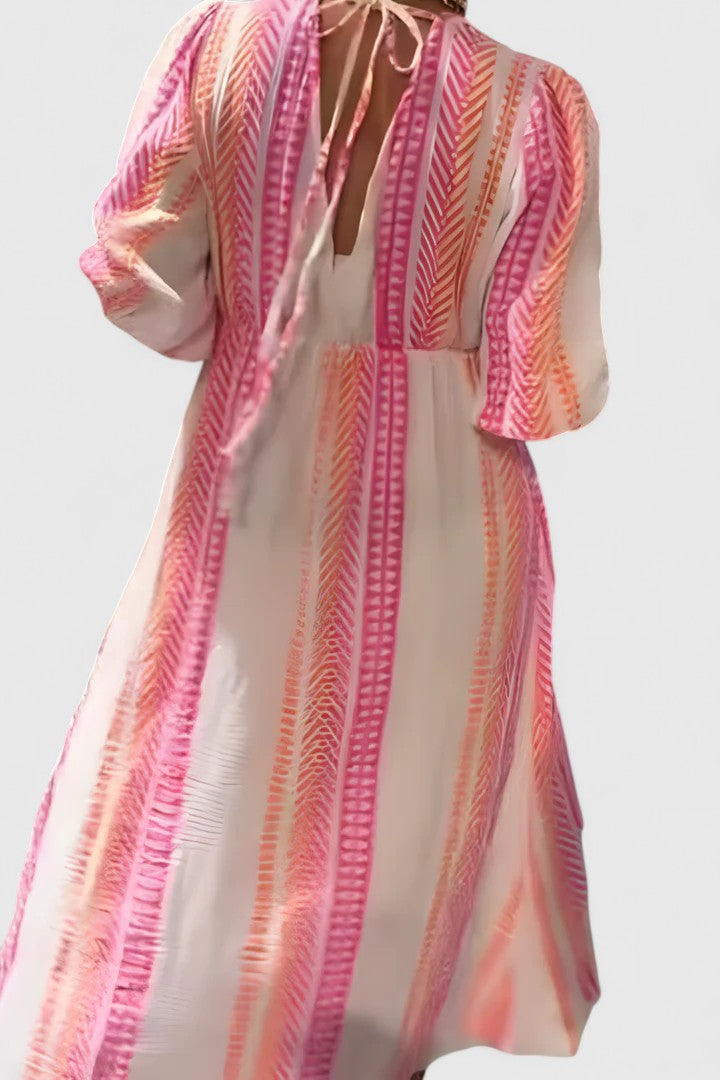 Feminine women's tropical stripe V-neck maxi dress with puff sleeves, empire waist, perfect for vacation & summer events.