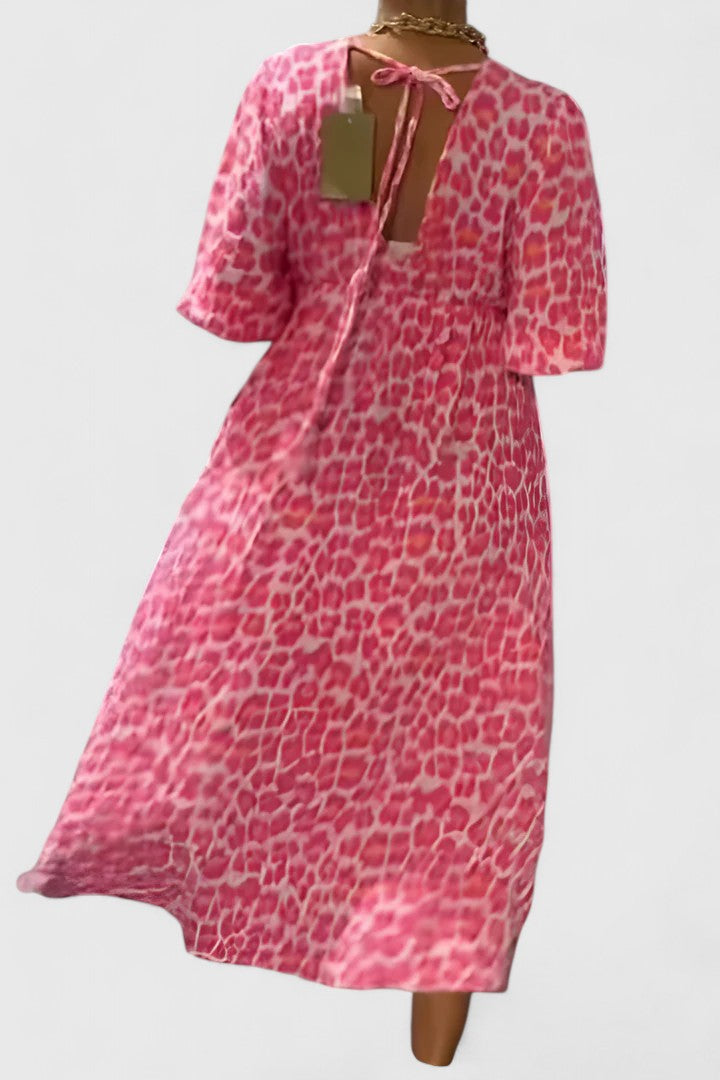 Stylish women's tropical stripe maxi dress with V-neck & puff sleeves, an elegant choice for summer casual or resort.