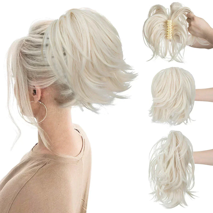 TwistPop synthetic hair extension creating a voluminous ponytail or bun. Adjustable, comfortable, versatile updo.