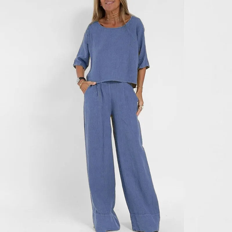 Comfy women's lounge wear set with boatneck top & elastic waist wide leg pants.