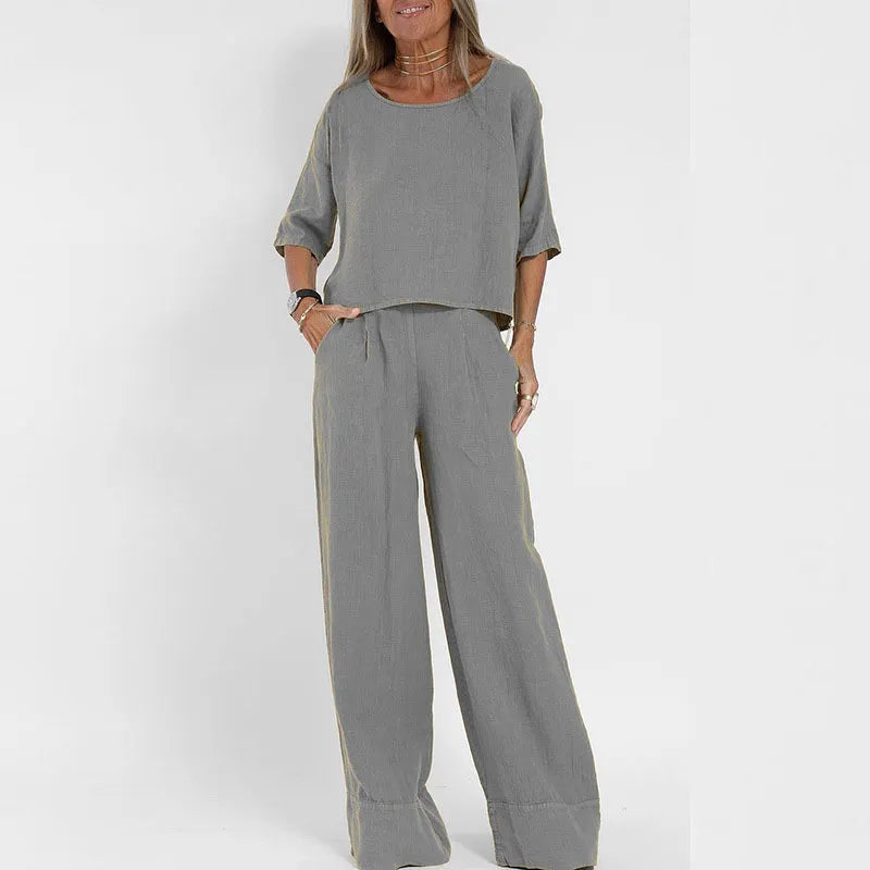 Relaxed fit women's boatneck top with wide leg pants set, ideal for casual style.