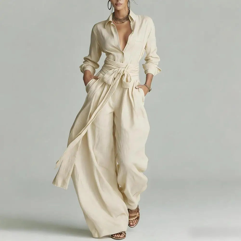 Women's two-piece co-ord set: elegant button-down shirt & wide-leg pants. Perfect for office or travel.