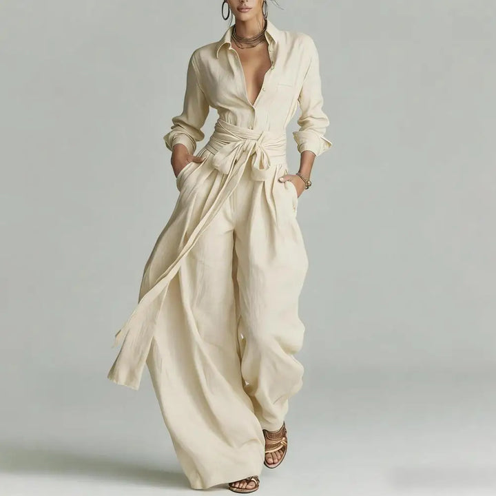 Women's two-piece co-ord set: elegant button-down shirt & wide-leg pants. Perfect for office or travel.