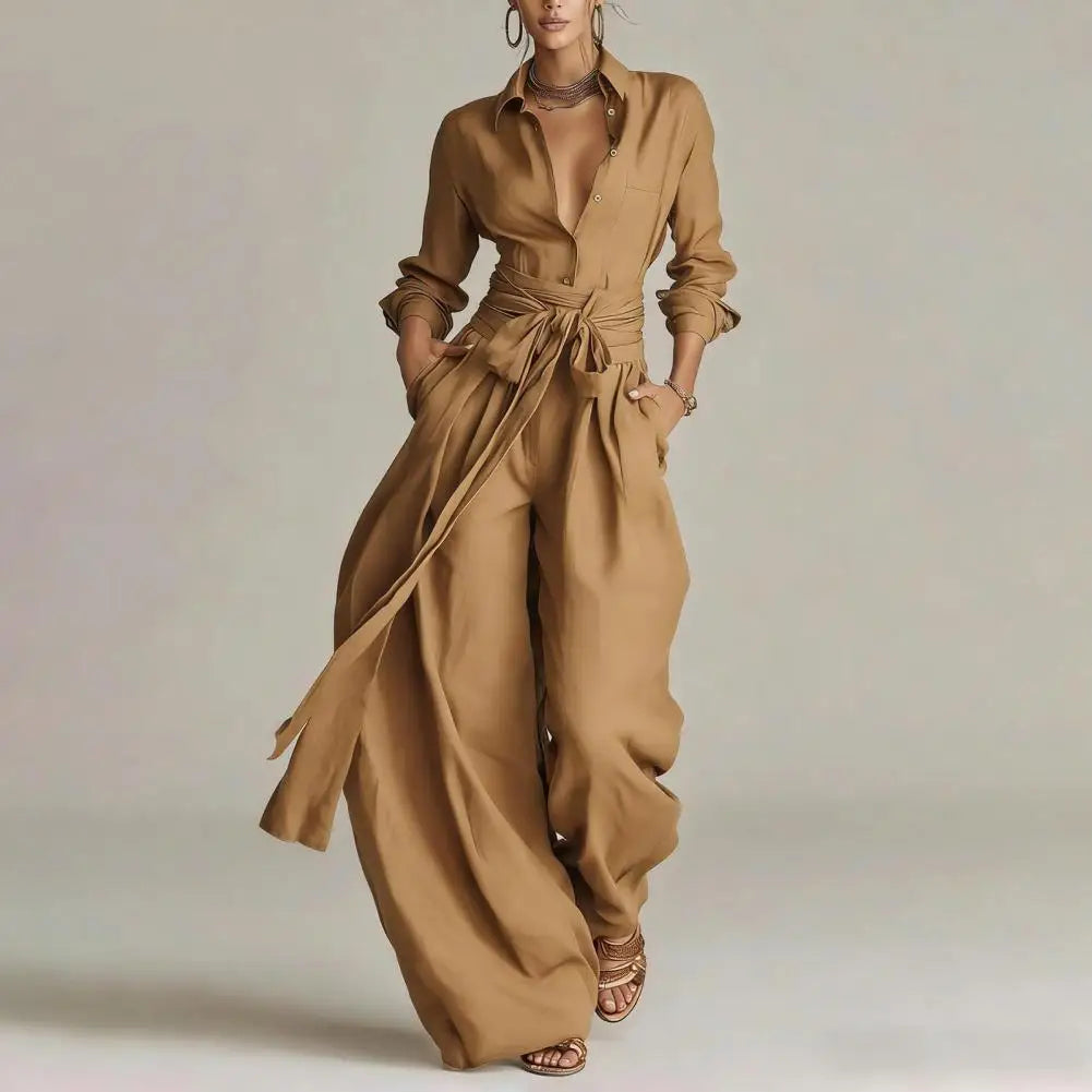 Relaxed fit women's co-ord set with stylish button-down shirt & comfortable wide-leg pants. Versatile outfit.