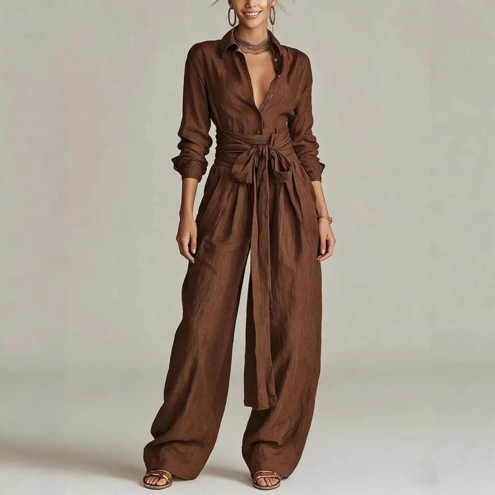 Matching women's two-piece set: button-down shirt & wide-leg pants. Ideal for brunch, office or travel.