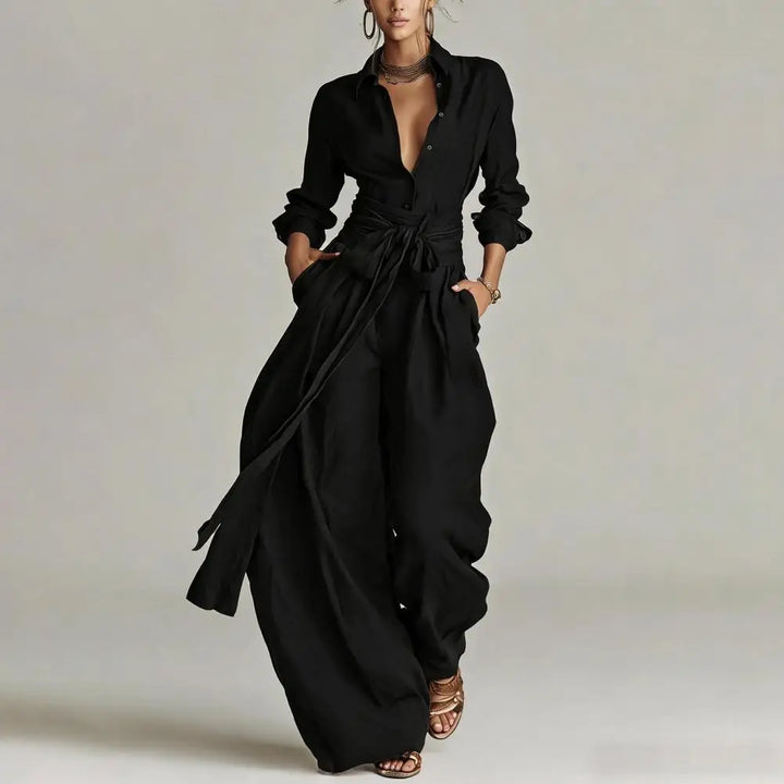 Chic women's matching set: long-sleeve button-down shirt & high-waisted wide-leg pants. Elegant fashion.