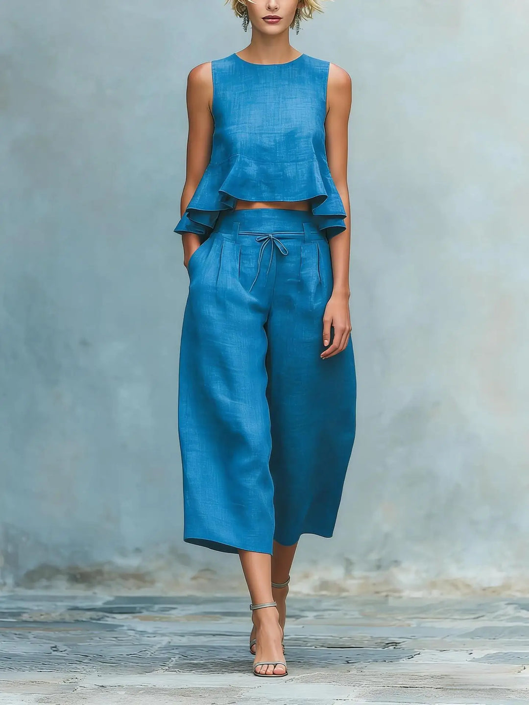 Versatile women's crop top and high-waist wide leg pant set, an effortless two-piece outfit for any occasion.