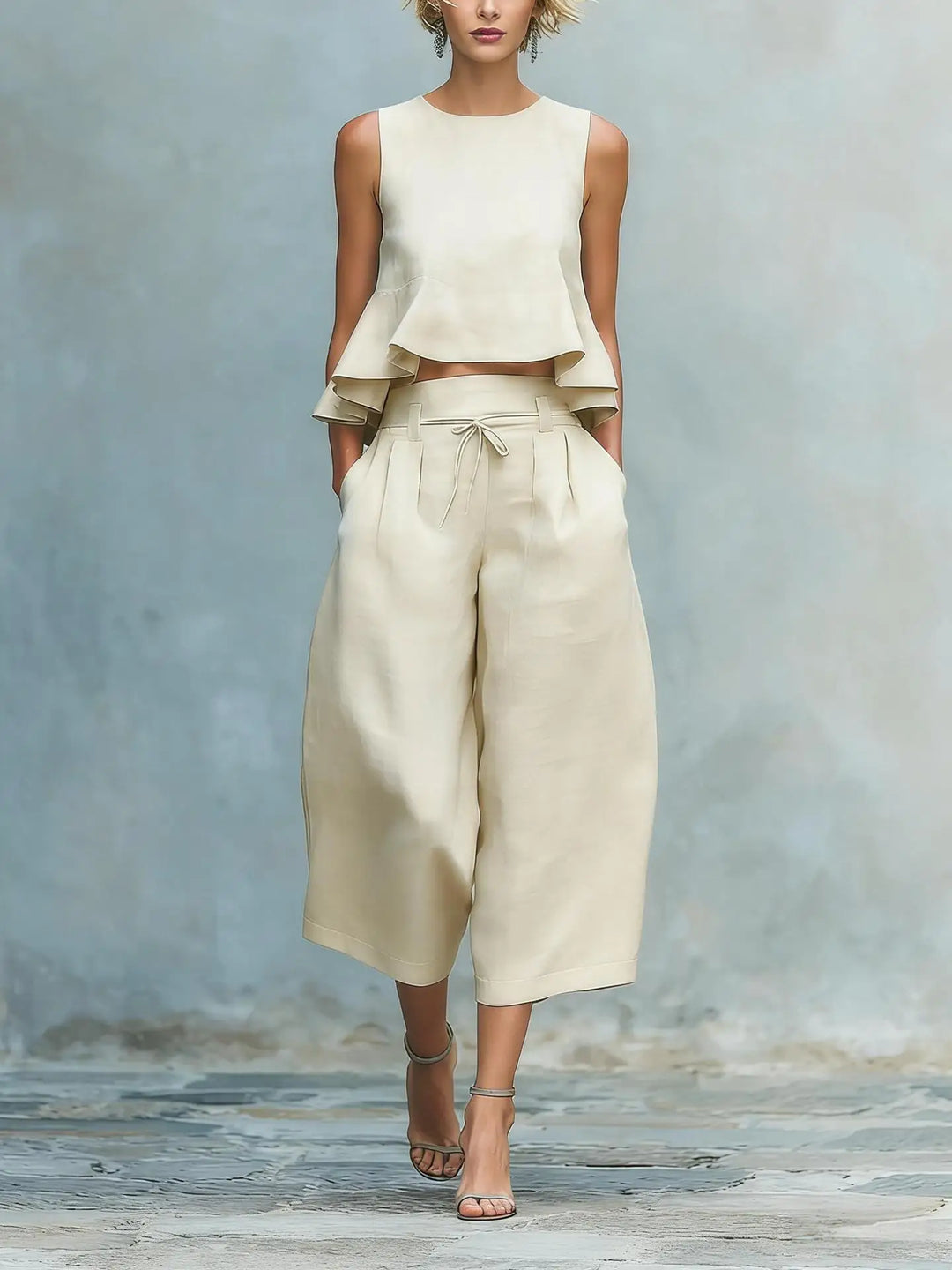 Stylish women's matching crop top & wide leg pant set, ideal for spring style, casual outings, or elegant wear.