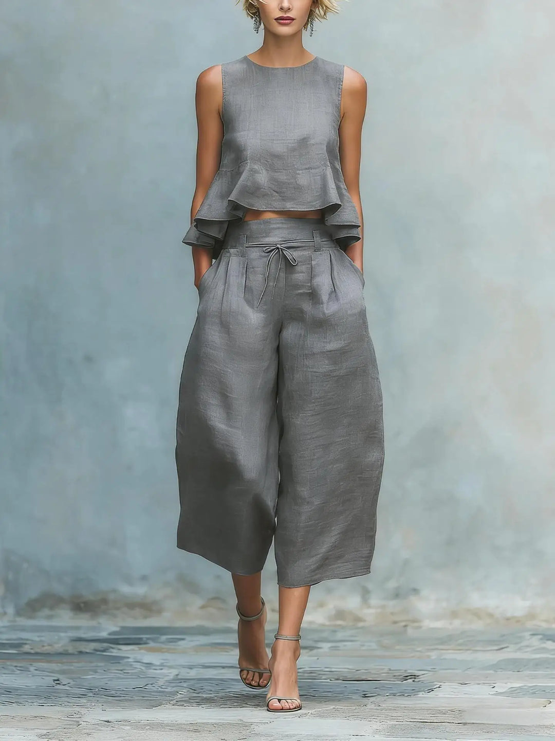 Modern women's crop top & wide leg pant set, an effortless two-piece outfit creating a chic and relaxed look.