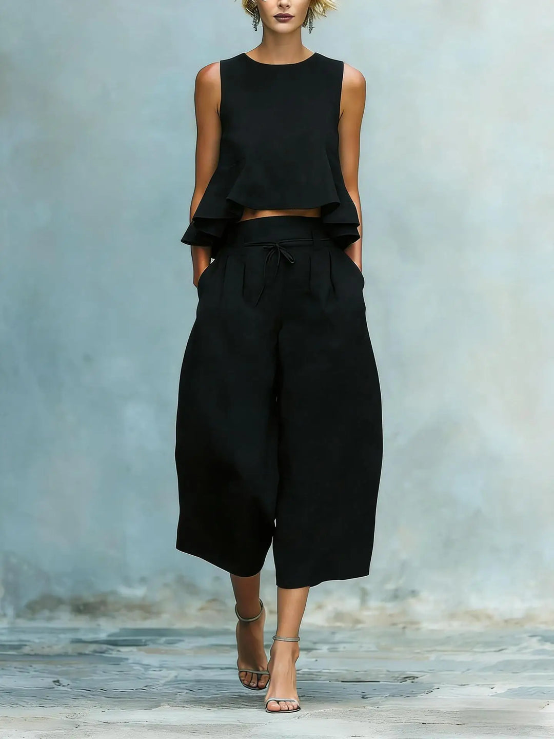 Chic women's crop top and wide leg pant set, perfect leisure wear or an elegant vacation outfit for women.