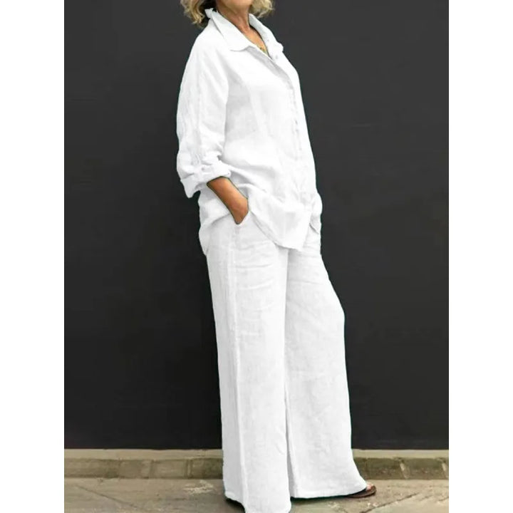 Elegant women's co-ord set: button-up shirt & wide-leg pants, perfect for spring/summer resort style.