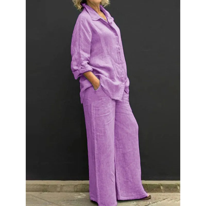 Versatile women's fashion set: stylish button-up top and wide-leg pants, great for casual elegance.