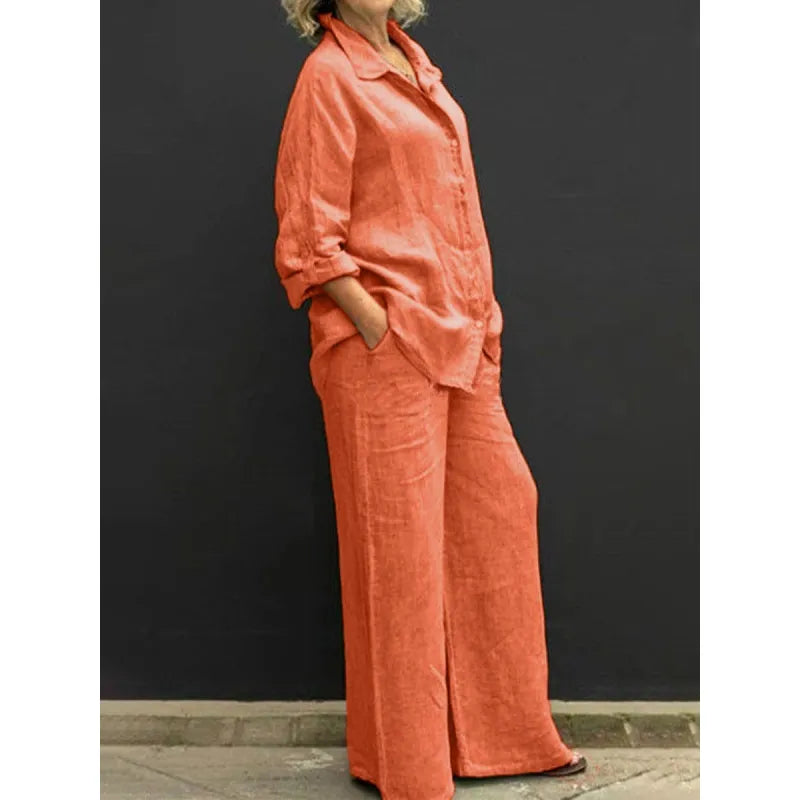 Trendy women's summer co-ord set: button-up shirt and wide-leg pants, ideal for elegant casual wear.