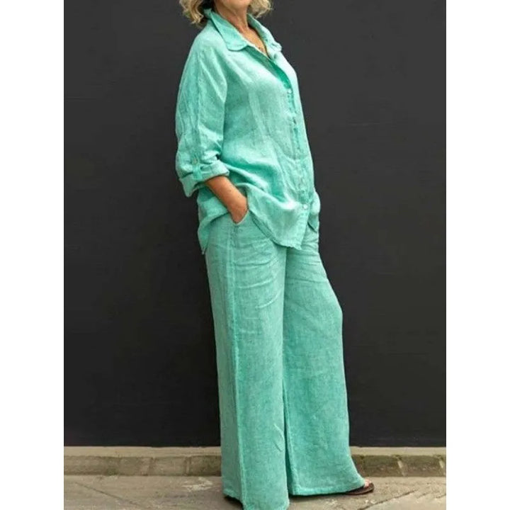 Light & airy women's spring outfit: two-piece button-up shirt and wide-leg trousers for versatile style.