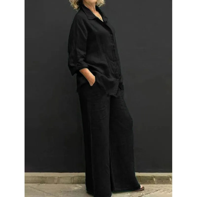Modern women's two-piece set: button-up shirt and comfortable wide-leg pants, perfect for resort loungewear.