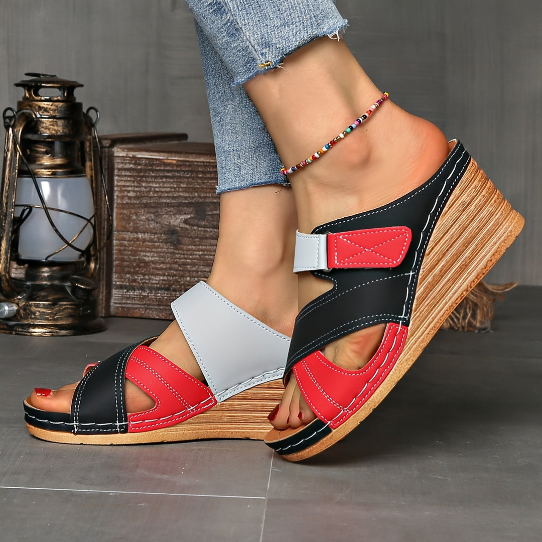 Women's two-tone wedge slides with contrasting straps, versatile summer casual sandals for women.