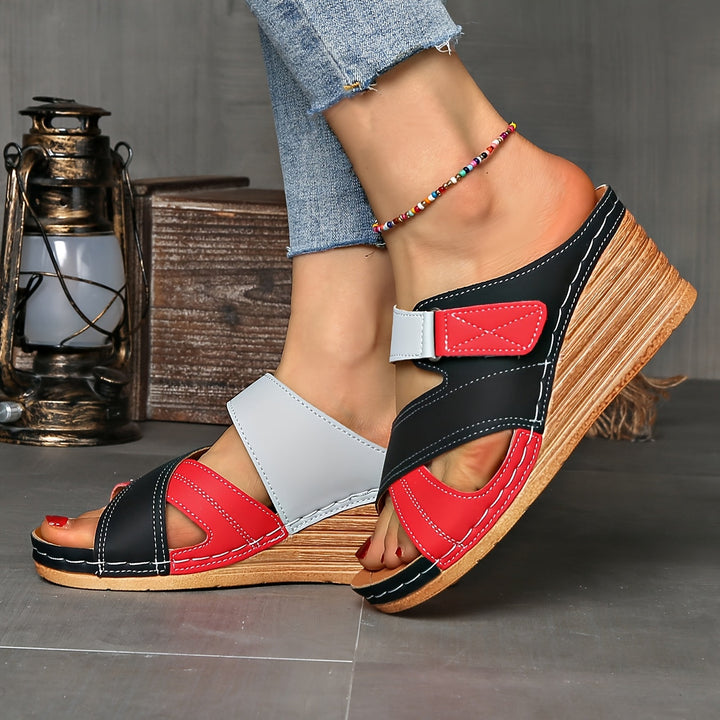 Women's two-tone wedge slides with contrasting straps, versatile summer casual sandals for women.