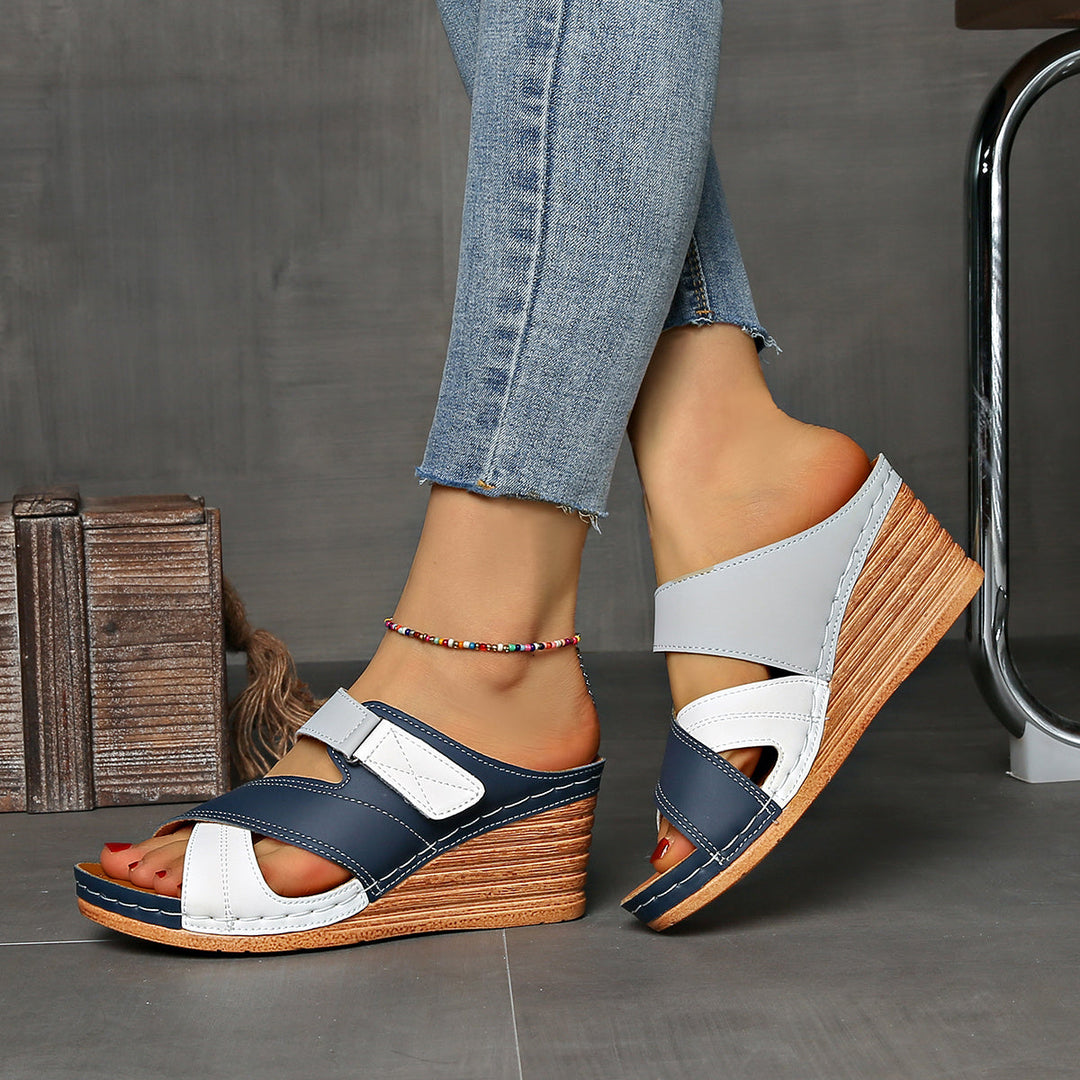 Durable women's two-tone wedge slides, essential slip-on summer sandals for everyday wear.