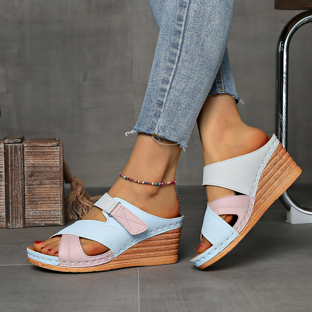 Women's two-tone wedge slides, comfortable open-toe slip-on sandals, great for summer fashion.