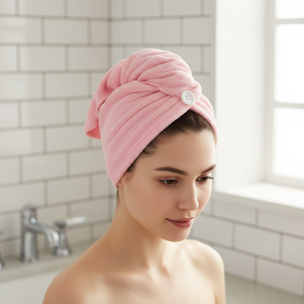 Women's ultra absorbent microfiber hair towel for fast drying and anti-frizz hair care.