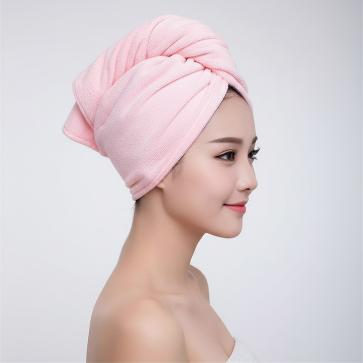 Quick-drying microfiber hair towel for women, reducing frizz & improving hair care routine.