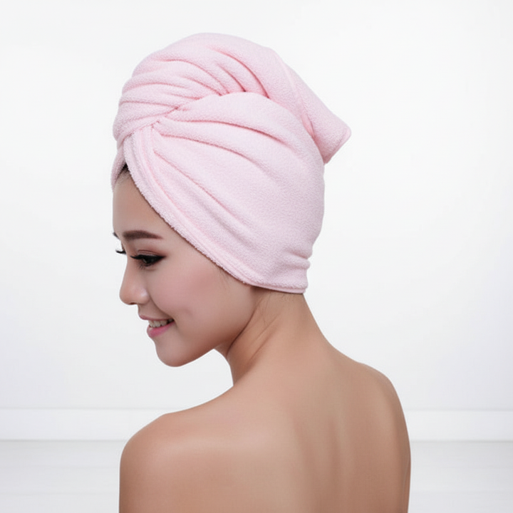 Ultra absorbent microfiber hair towel for women, designed for fast drying and frizz reduction.
