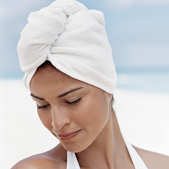 Gentle microfiber hair towel for women, promoting fast hair drying and healthy, frizz-free hair.