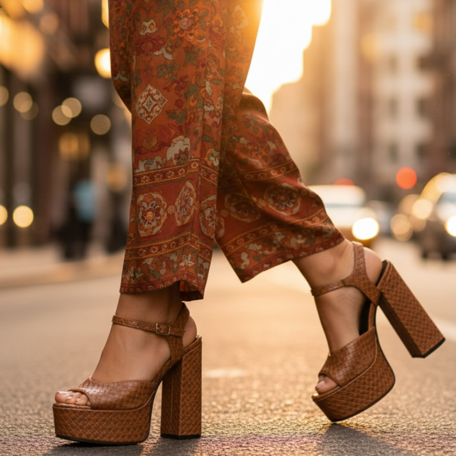 Side view of women's ultra high block heel platform sandals, highlighting the chunky platform & block heel.
