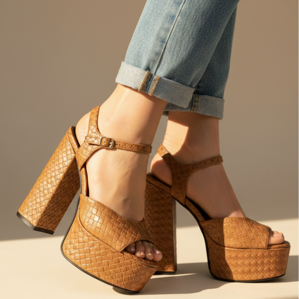 Classic women's high block heel platform sandals, featuring a sleek open toe & secure ankle buckle strap.