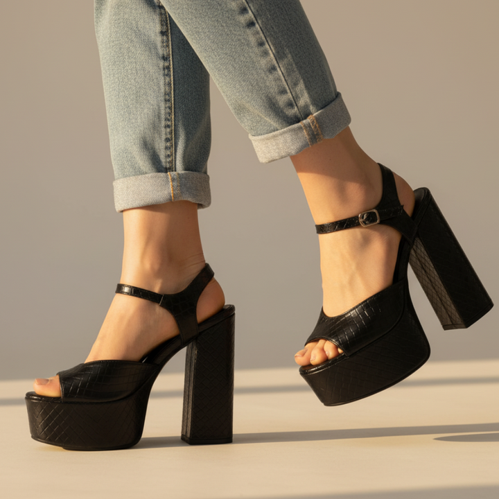 Dressy women's high block heel platform sandals, perfect for special occasions, with open toe & buckle.