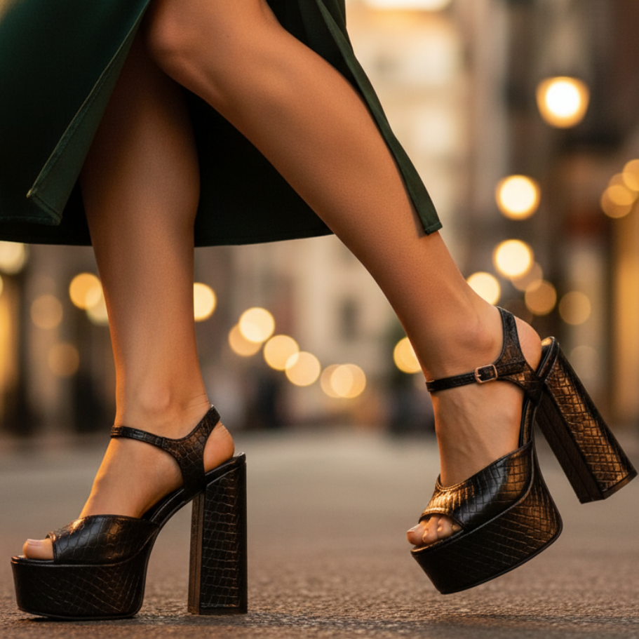 Women's ultra high block heel platform sandals, a fashion statement with open toe & buckle strap. Party shoes.