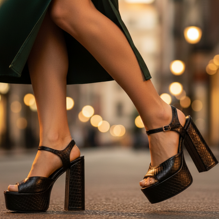 Women's ultra high block heel platform sandals, a fashion statement with open toe & buckle strap. Party shoes.