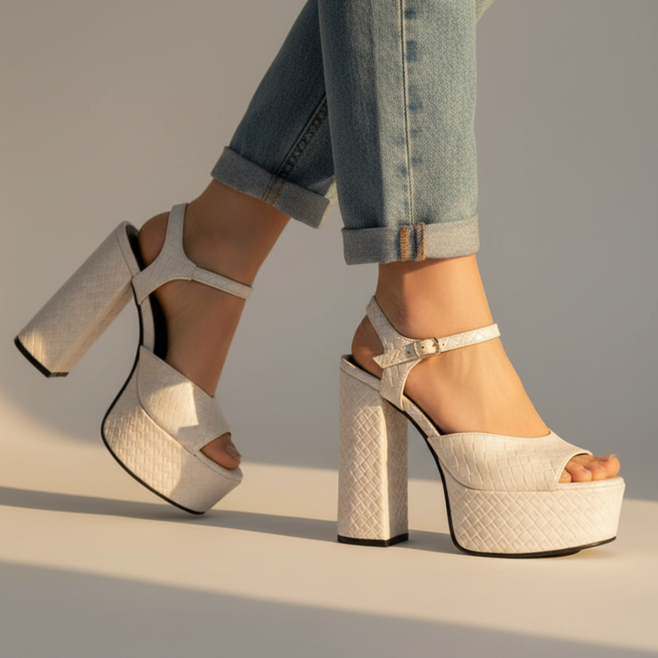 Stylish women's platform block heel sandals, ideal for evening events & parties, with open toe design.