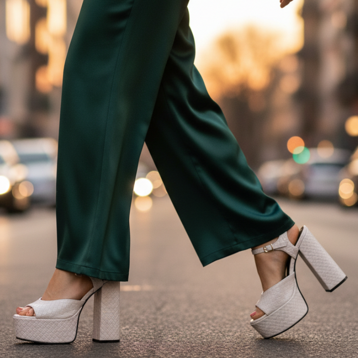 Chunky high block heel platform sandals for women, featuring a secure buckle strap & open toe. Dress shoes.