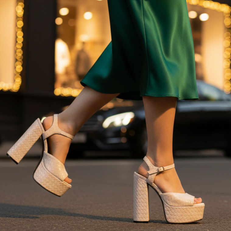 Elegant women's high heel platform sandals with a sturdy block heel, open toe, & adjustable buckle strap.