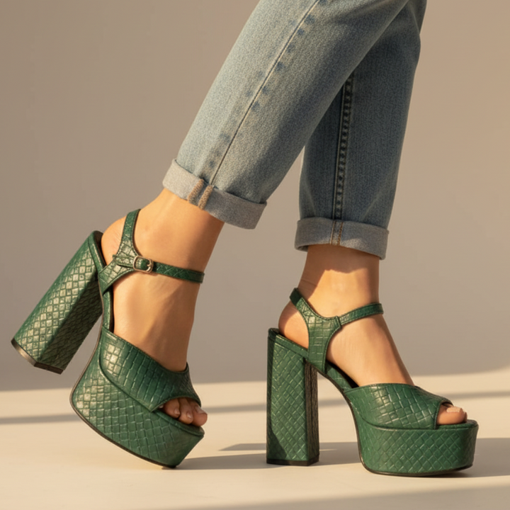 Women's high block heel platform sandals with an open toe and buckle. Chunky dress shoes for summer.