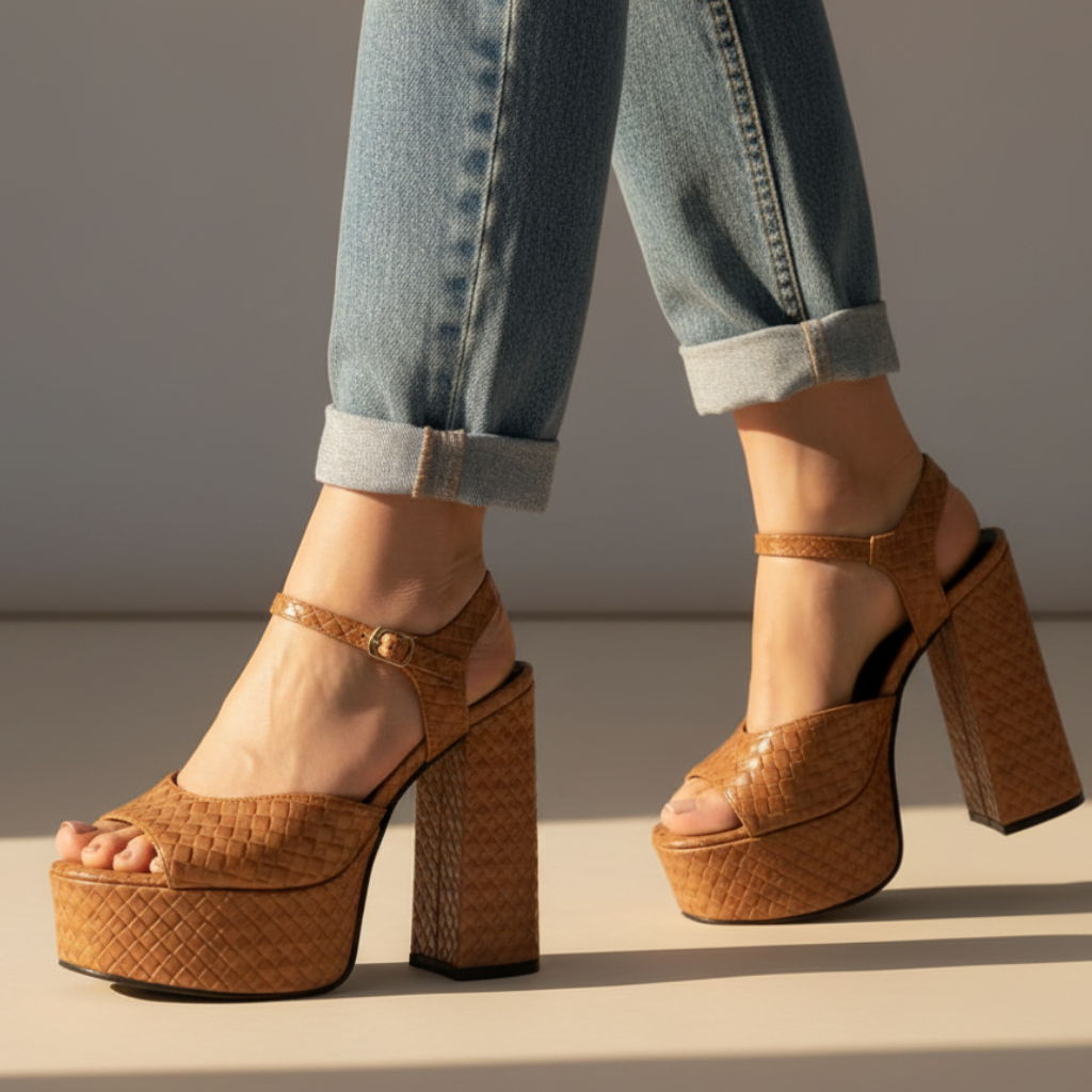 Close-up of women's block heel platform sandals, showing the buckle strap, open toe, and chunky platform.