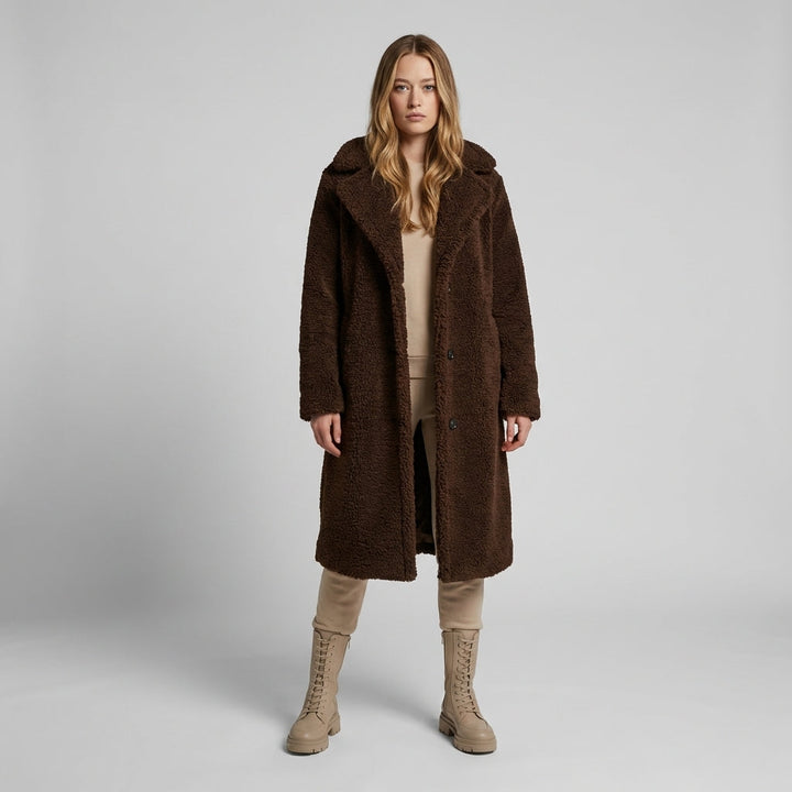 Women's ultra-soft plush longline teddy coat, cozy and warm winter outerwear.