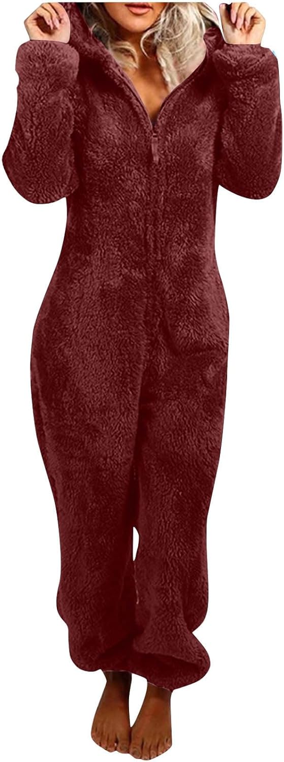 Women's ultra soft sherpa hooded onesie, cozy winter comfort loungewear.