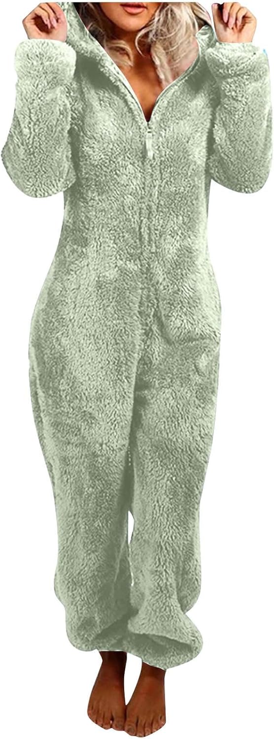 Cute sherpa loungewear for women, fuzzy hooded jumpsuit for winter comfort.
