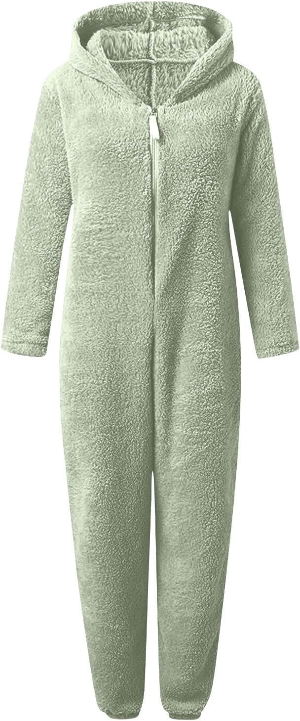 Cozy women's hooded onesie, ultra soft sherpa fuzzy sleepwear.