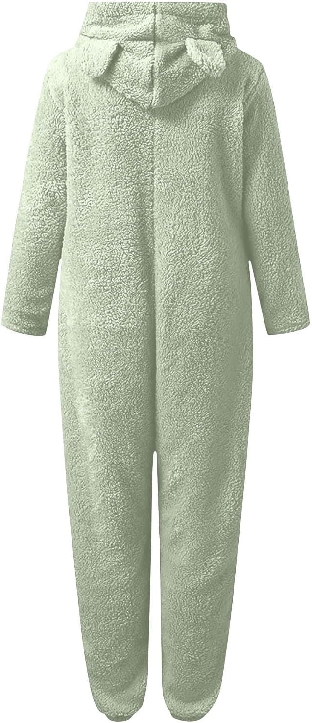 Plush hooded sherpa jumpsuit, women's fuzzy pajamas & cozy attire.