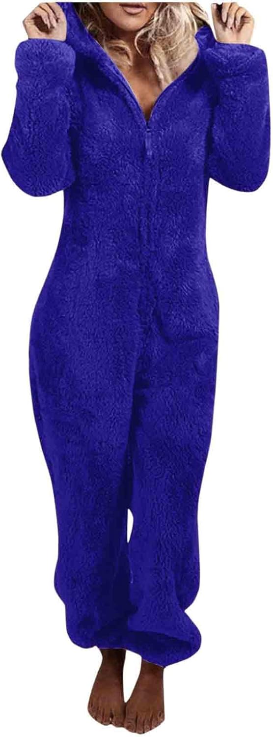 Soft sherpa fuzzy women's onesie, hooded warm loungewear.