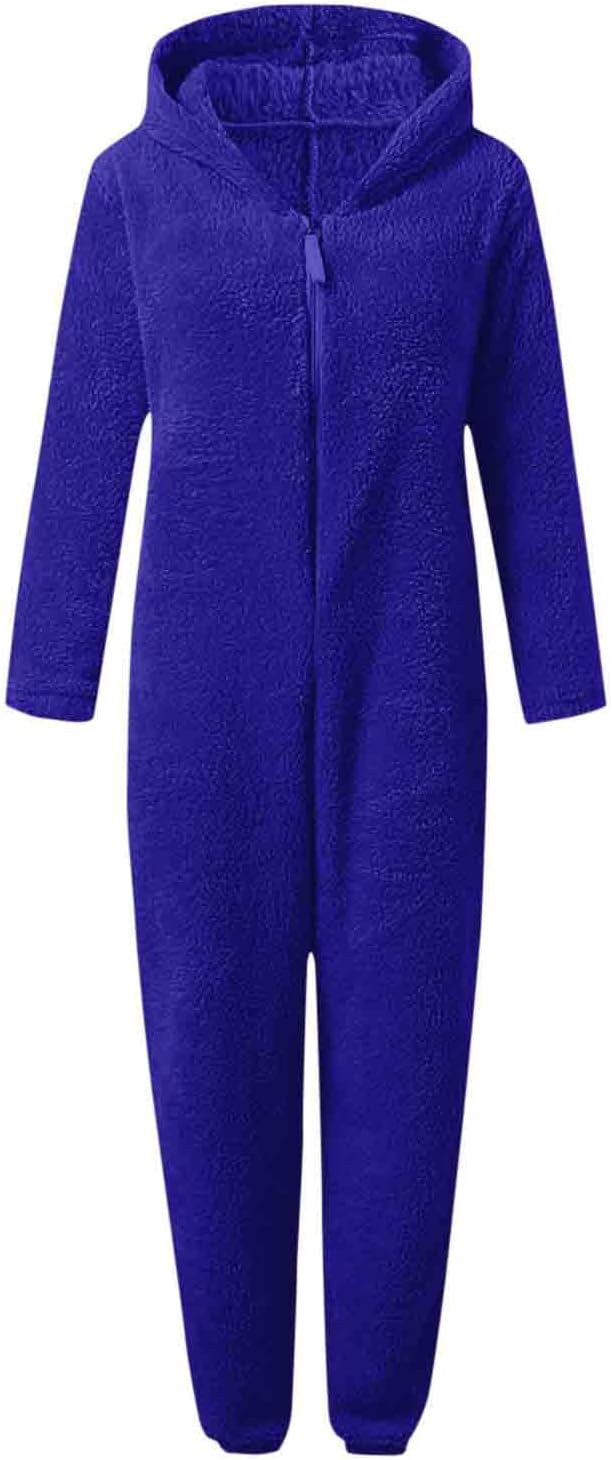 Warm hooded women's onesie, sherpa fuzzy comfort for winter.