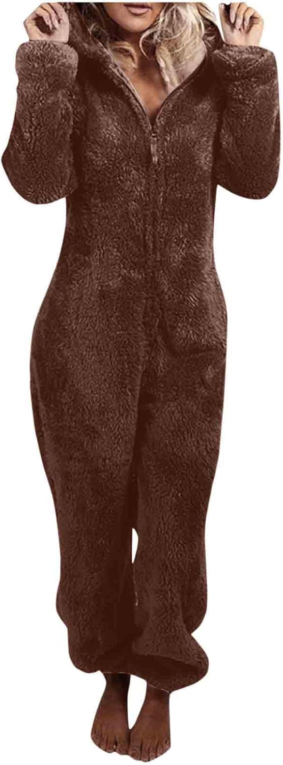 Women's hooded onesie, plush sherpa fuzzy pajamas, ideal relax wear.