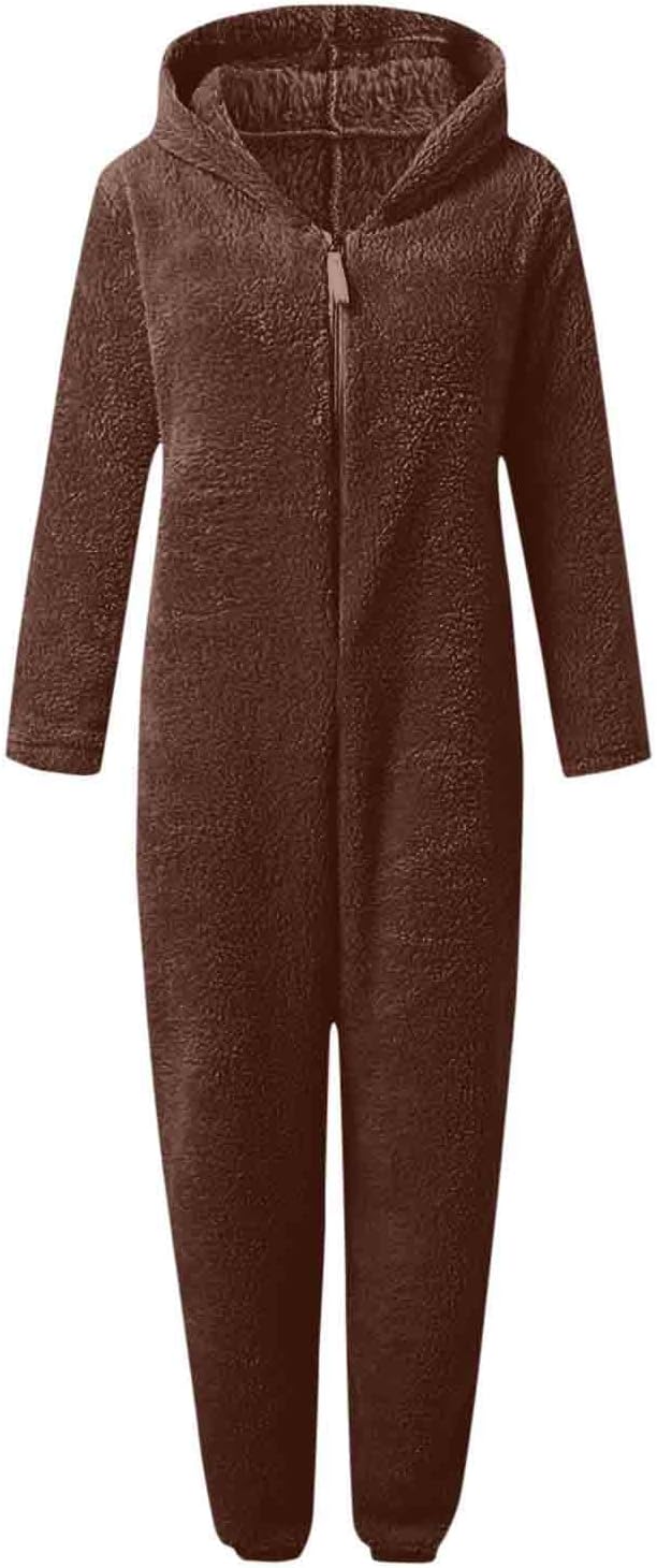 Fuzzy sherpa hooded women's jumpsuit, cozy winter comfort attire.