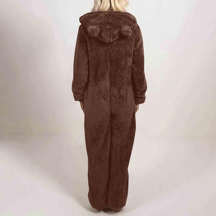 Comfortable hooded sherpa onesie for women, ultra soft fuzzy loungewear.
