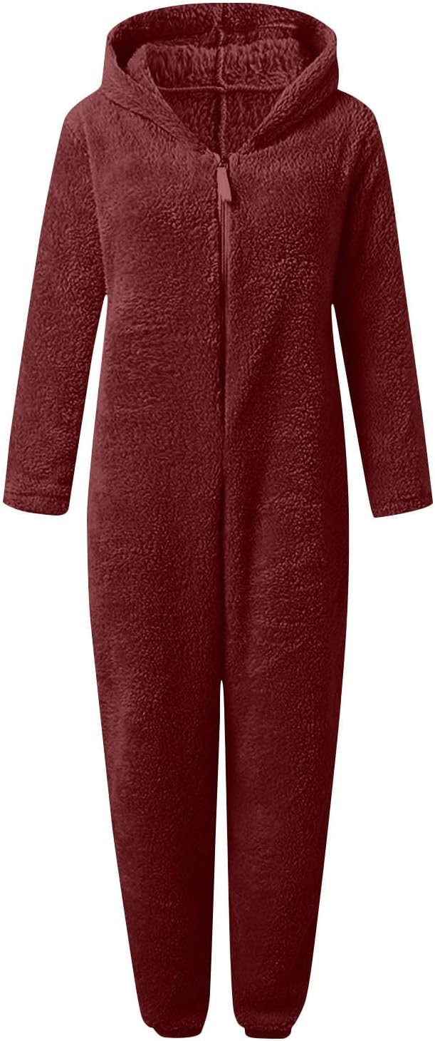 Fuzzy sherpa hooded jumpsuit for women, warm loungewear & relax wear.