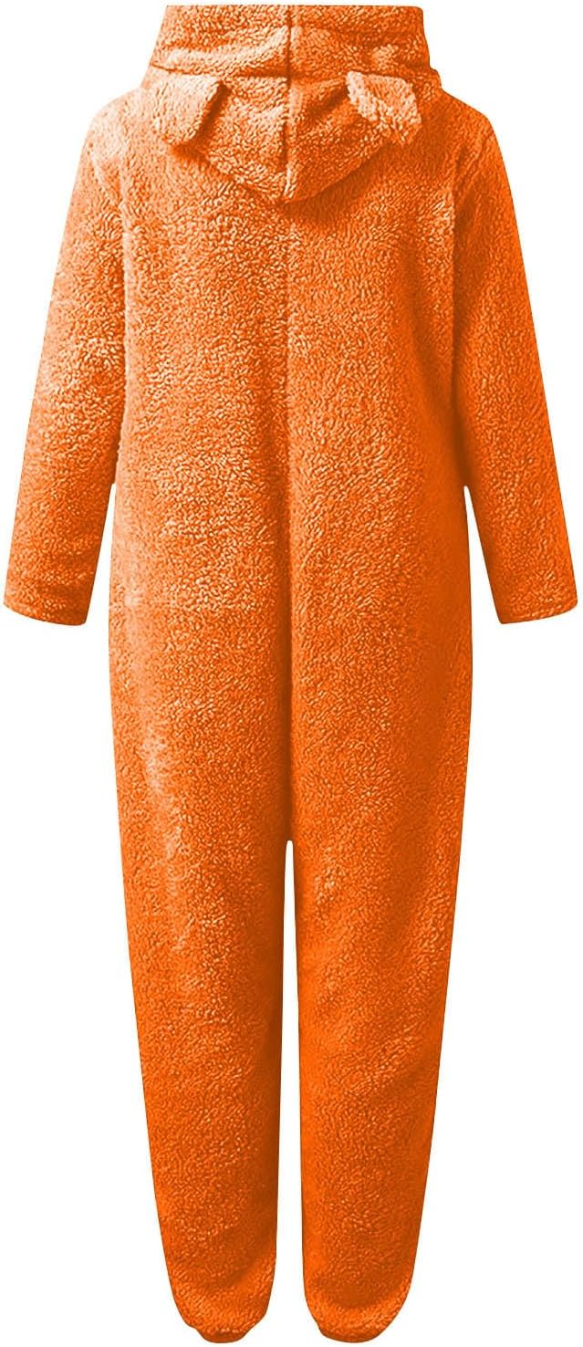 Women's sherpa fuzzy hooded onesie, ultra soft sleepwear & cozy attire.