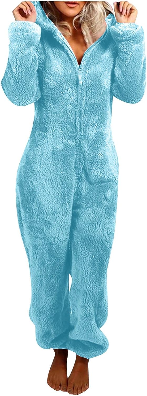 Plush sherpa fuzzy hooded loungewear, a cute women's jumpsuit.